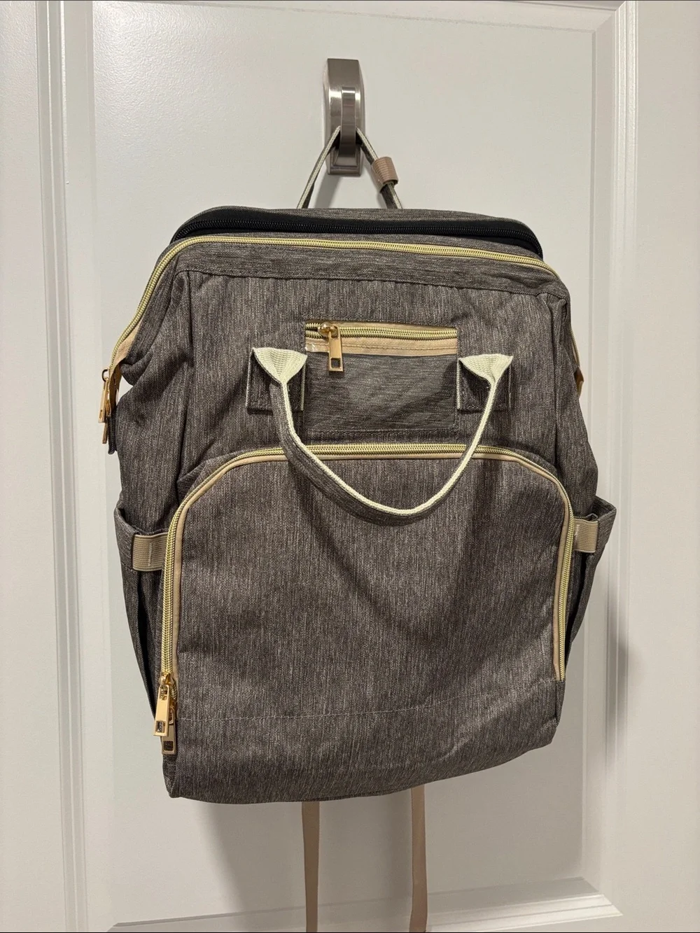 Versatile Women's Baby Bag Backpack in Gray with Cream Trim